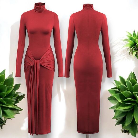 MICAS Women’s Wrap Ruched High Neck Long Sleeve Maxi Dress in the Size Large Red - Picture 3 of 15